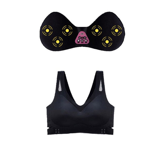 Black wireless electric breast massager bra with 5 vibration modes and 3 heat levels, designed for comfort and wellness.