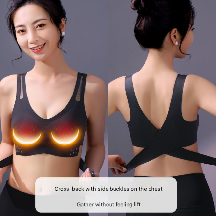 Black wireless electric breast massager bra by Hlpmedical with 5 vibration modes and 3 heat levels for lifting and comfort.