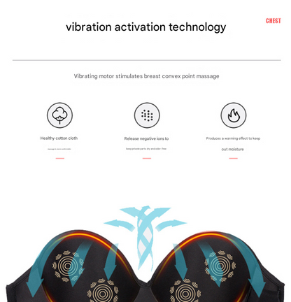 Black wireless electric breast massager bra with 5 vibration modes and 3 heat levels for lifting, comfort, and wellness.