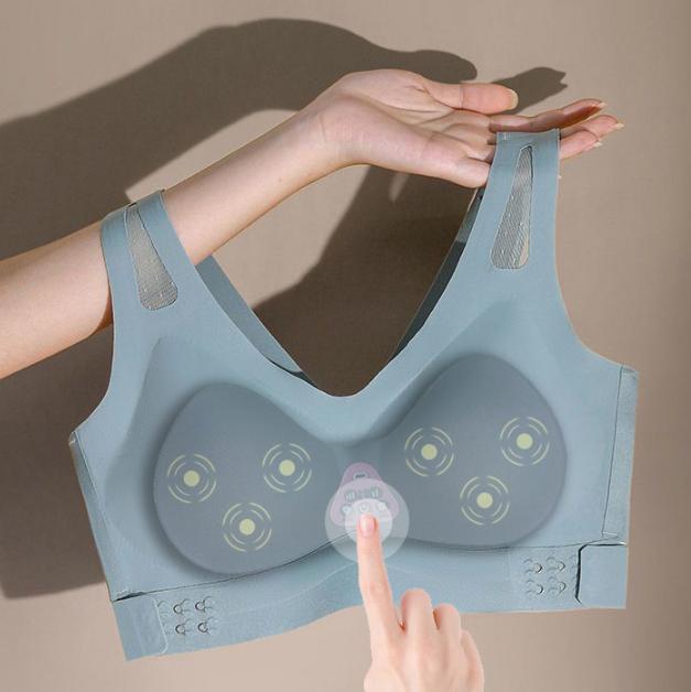 Blue wireless electric breast massager bra by Hlpmedical with 5 vibration modes and 3 heat levels for comfort and wellness.