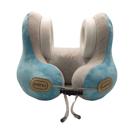Hlpmedical Smart Neck Pillow in lake blue with built-in massager, Bluetooth music, noise reduction, and graphene heating for relaxation.