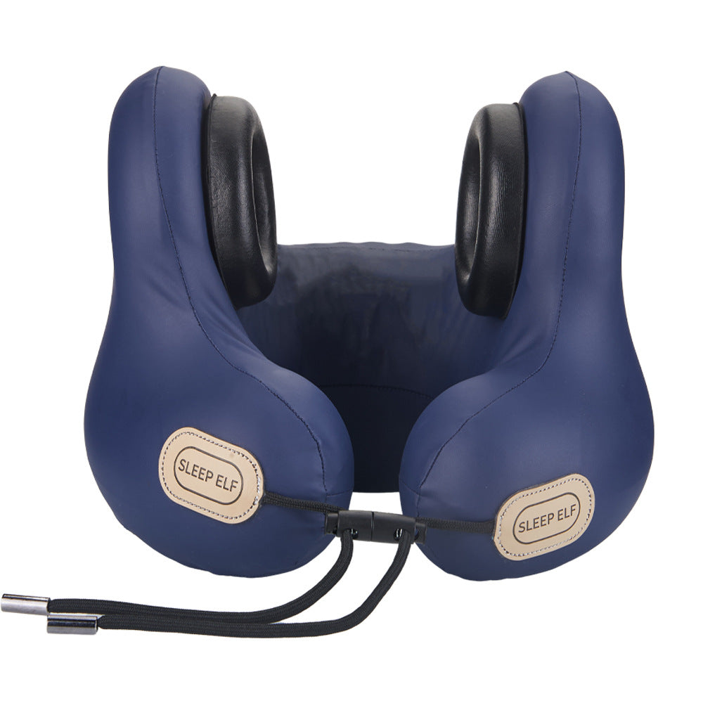 Hlpmedical Smart Neck Pillow in navy blue with Bluetooth speakers, graphene heating, and noise reduction for travel relaxation.