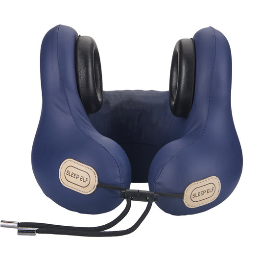 Hlpmedical Smart Neck Pillow in navy blue with Bluetooth, noise reduction, graphene heating, designed for travel relaxation and comfort.