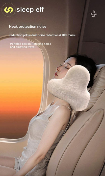 Hlpmedical Smart Neck Pillow in navy blue with Bluetooth speakers, graphene heating, dual noise reduction, designed for travel comfort.