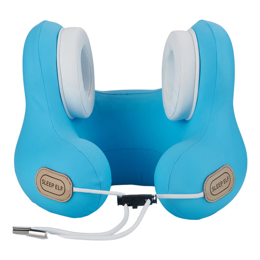 Sky blue Smart Neck Pillow by Hlpmedical with Bluetooth, noise reduction, graphene heating, designed for travel relaxation.