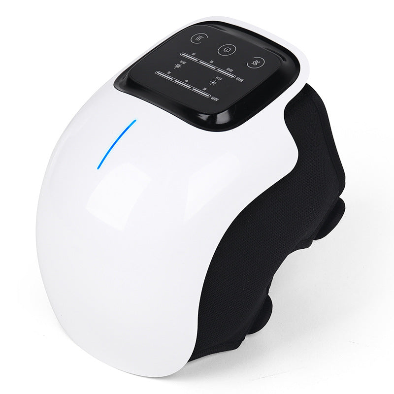 Hlpmedical wireless knee massager with heat therapy and vibration for pain relief and relaxation, shown on a person's knee.