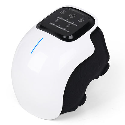 Hlpmedical wireless knee massager with heat therapy and vibration for pain relief and relaxation, shown on a person's knee.
