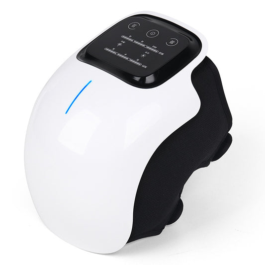 Hlpmedical wireless knee massager with heat therapy and vibration for pain relief and relaxation, shown on a person's knee.