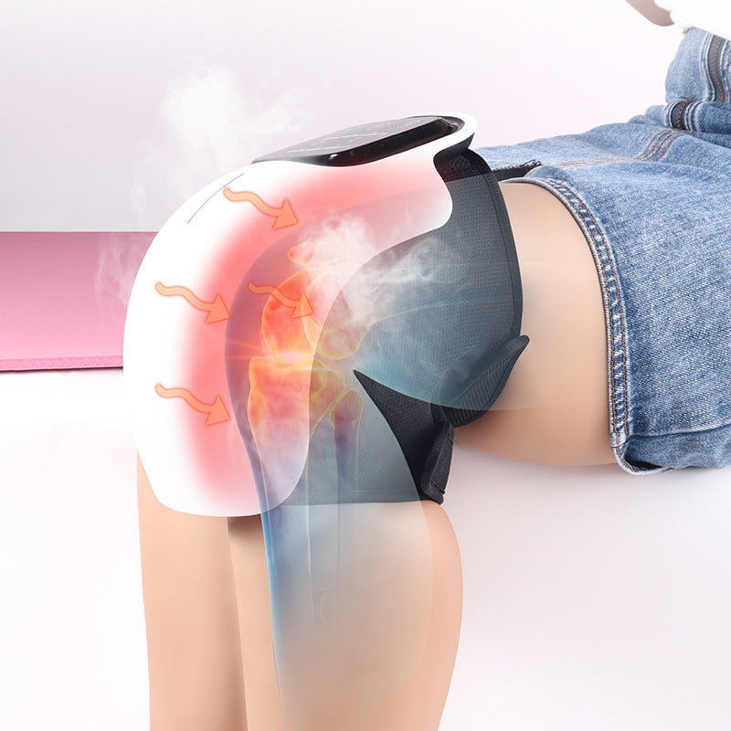 Hlpmedical wireless knee massager with heat therapy and vibration for pain relief and relaxation, shown on a person's knee.