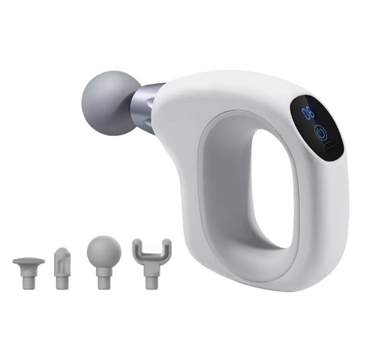 White handheld massage gun by Hlpmedical, compact and portable with adjustable speed for muscle relief.