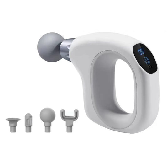 White handheld massage gun by Hlpmedical with adjustable speed settings for muscle relief, compact and portable design.