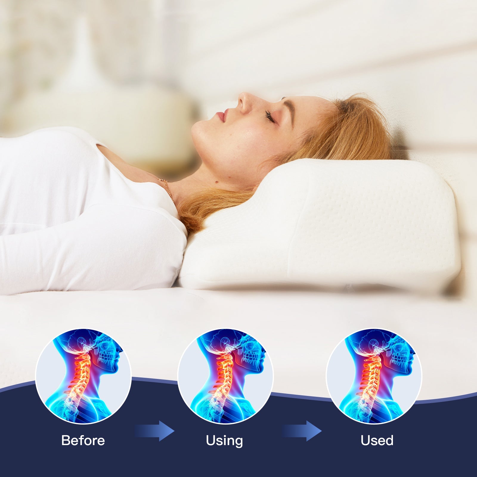 Hlpmedical memory foam sleep pillow supporting neck and shoulders, designed to relieve pain and improve sleep comfort.