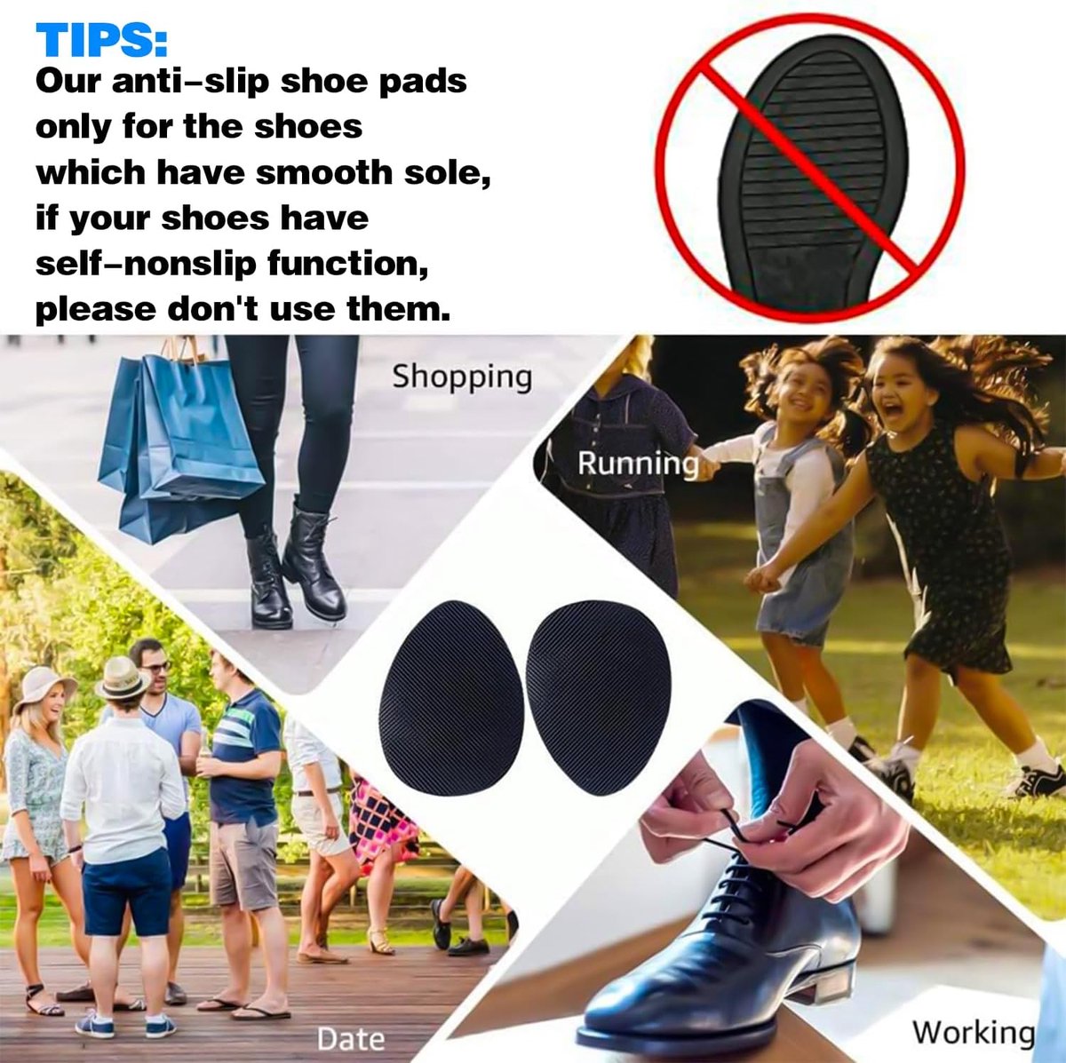 Set of four Hlpmedical non-slip rubber insoles with self-adhesive, noise-reducing pads, suitable for unisex foot care and comfort.