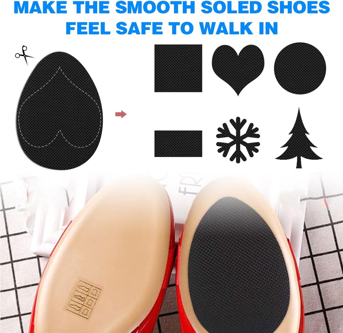 Four pairs of Hlpmedical non-slip rubber insoles with self-adhesive backing, noise-reducing foot pads for unisex footwear.
