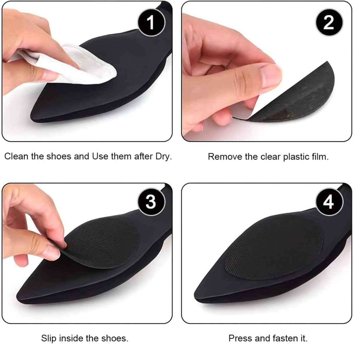 Four pairs of Hlpmedical non-slip rubber insoles with self-adhesive backing for noise reduction and comfort in unisex footwear.