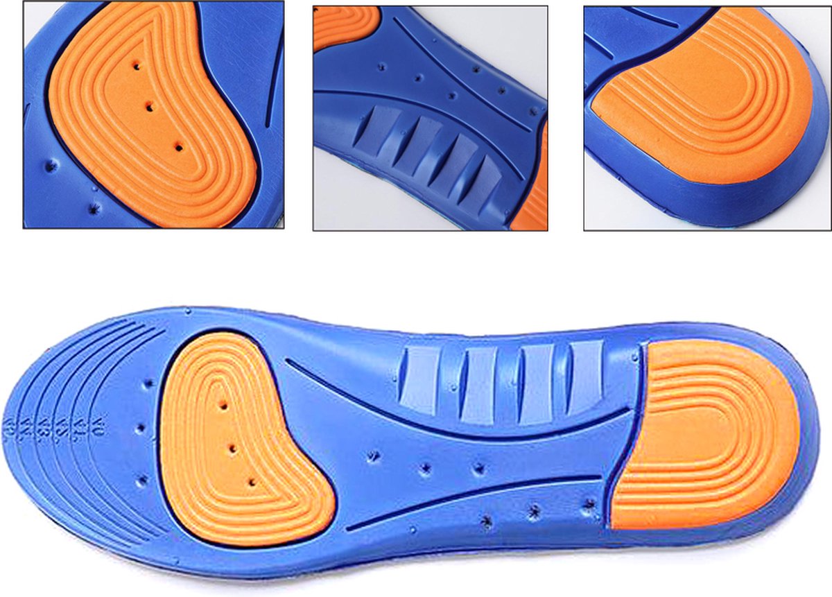 Blue gel insoles from Hlpmedical made of medical PU material, suitable for shoe sizes 41 to 46, designed for foot comfort.