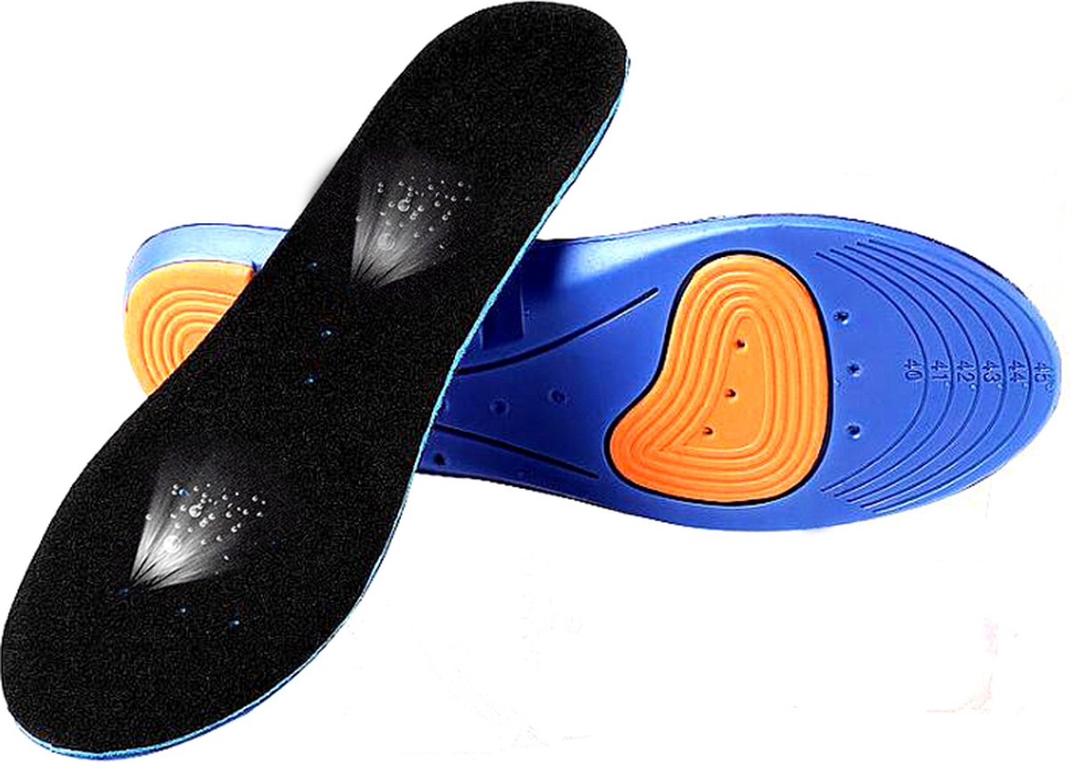 Blue gel insoles made of medical PU material for foot support, size 41-46, designed for comfort and foot care.