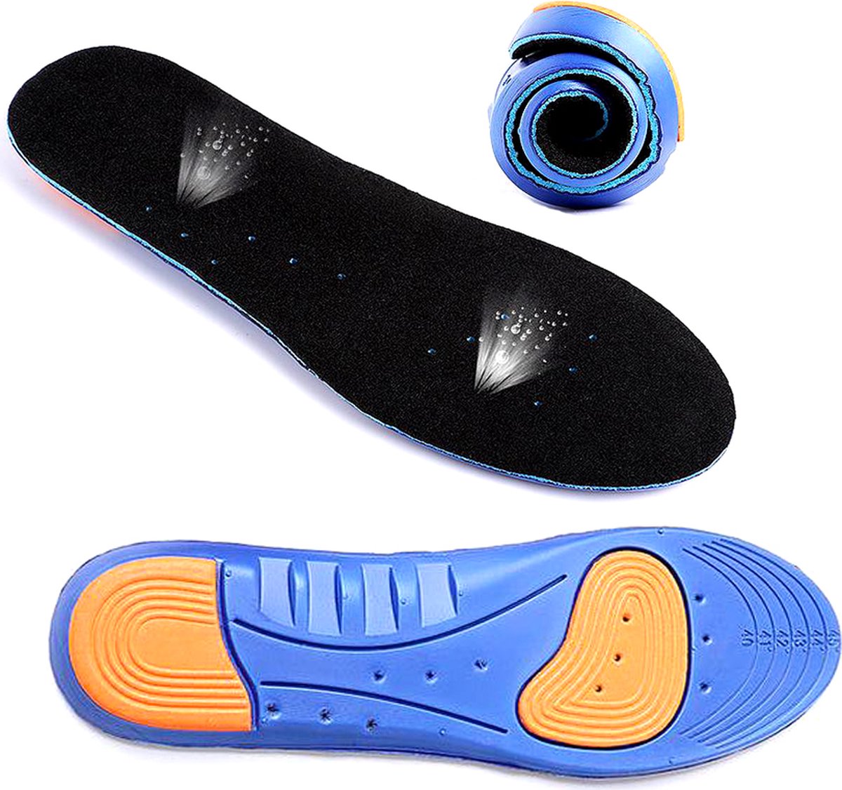Blue gel insoles made of medical PU material from Hlpmedical, size 41-46, designed for foot comfort and support.