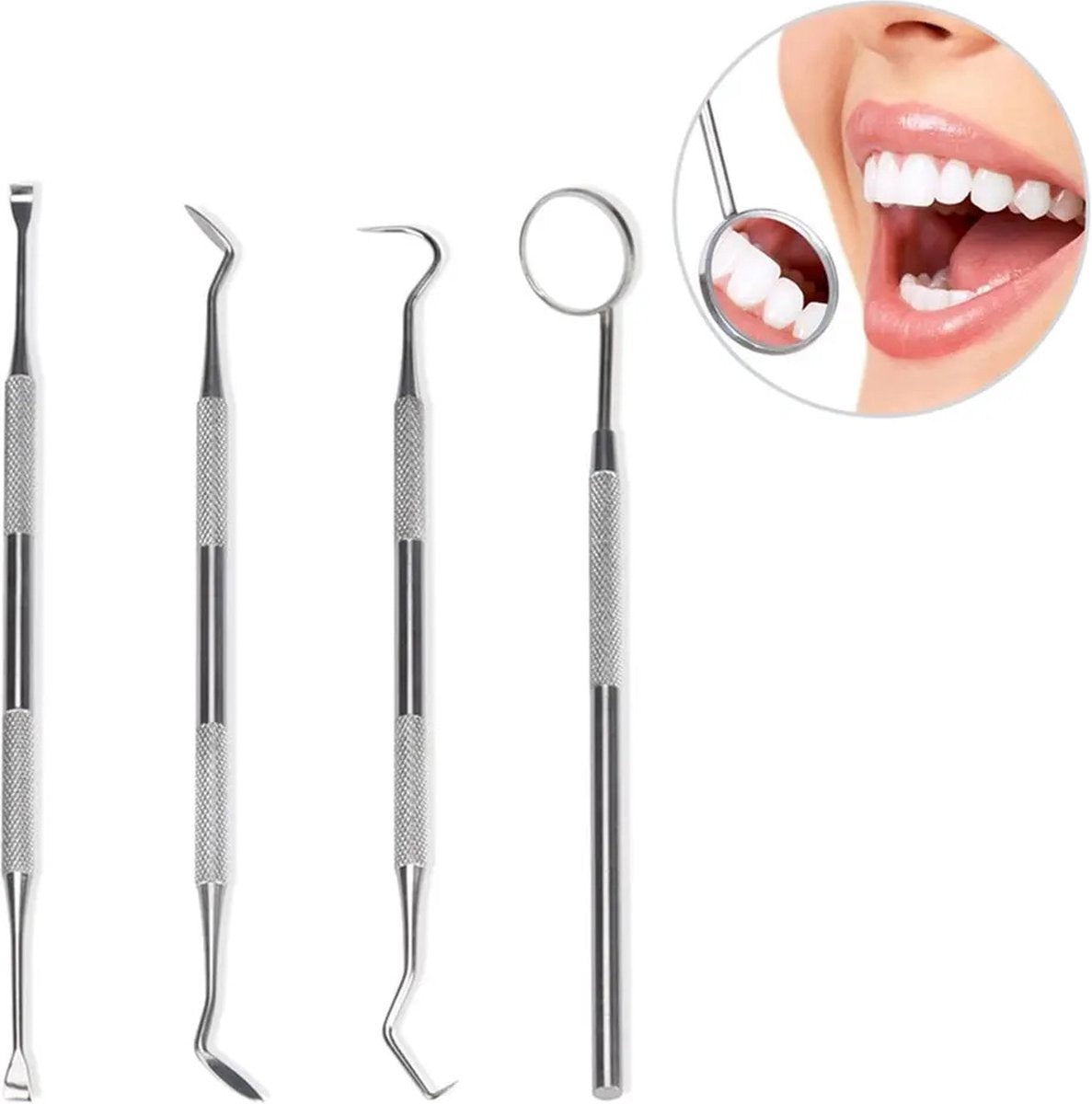 Stainless steel 4-piece dental care tool set with dental hooks for plaque and debris removal, designed for oral health and personal care.