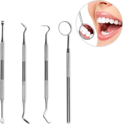 Stainless steel 4-piece dental care tool set with dental hooks for plaque and debris removal, designed for oral health and personal care.