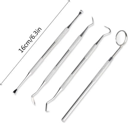 Hlpmedical 4-piece stainless steel dental care tool set with dental hooks for plaque and debris removal, personal oral hygiene.