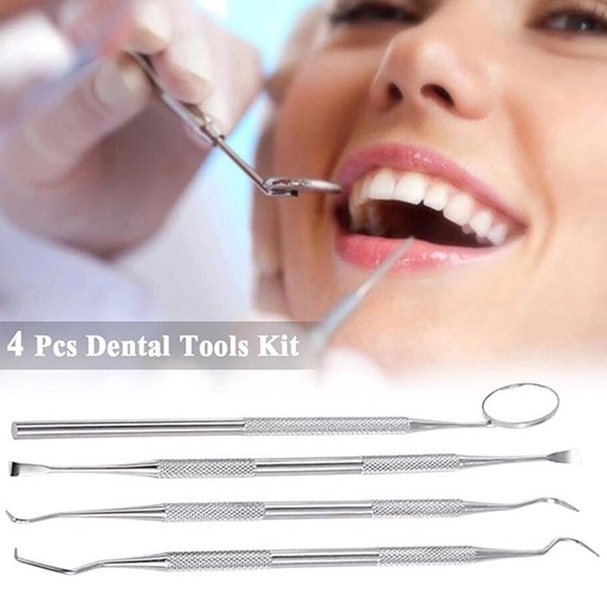 Stainless steel 4-piece dental care tool set with dental hooks and debris removal tools for oral hygiene and plaque removal.