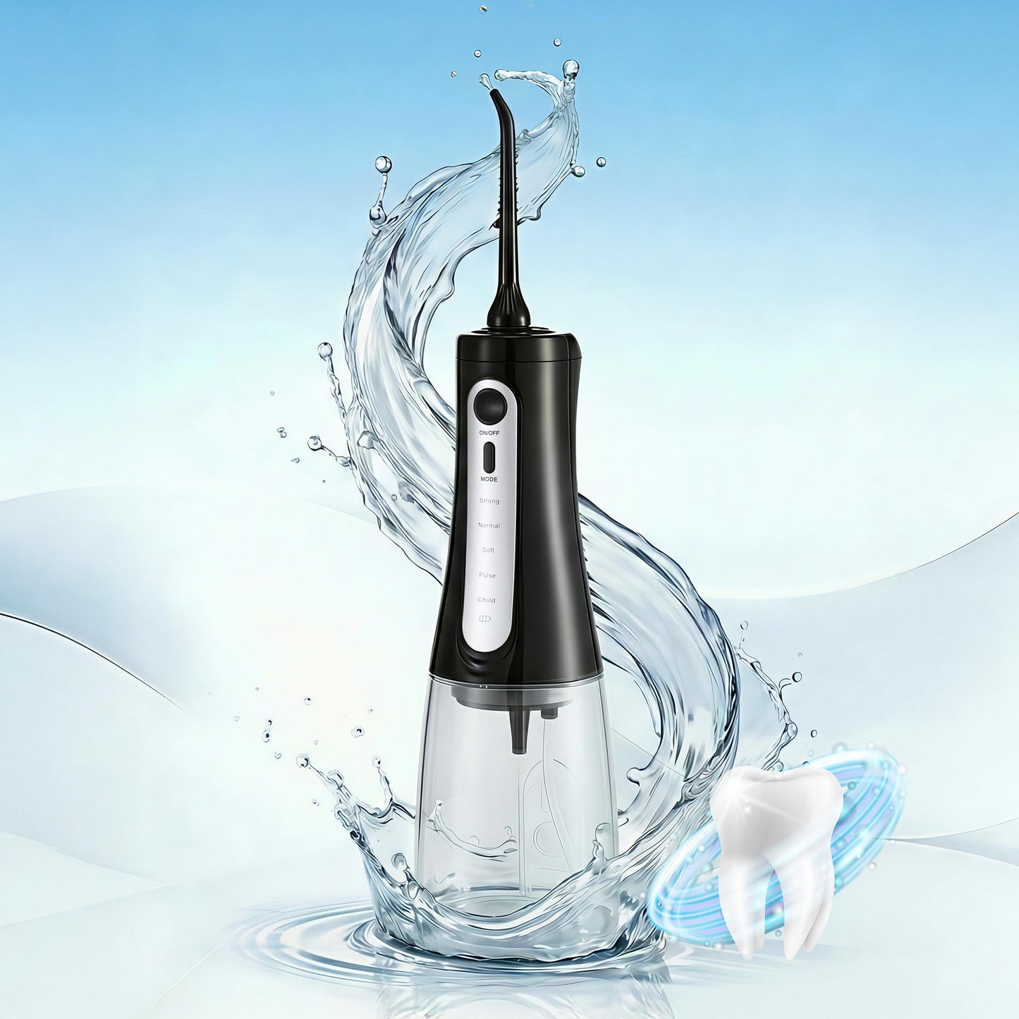 Black Devanti cordless water flosser for dental oral irrigation, designed for effective oral care and improved dental hygiene.