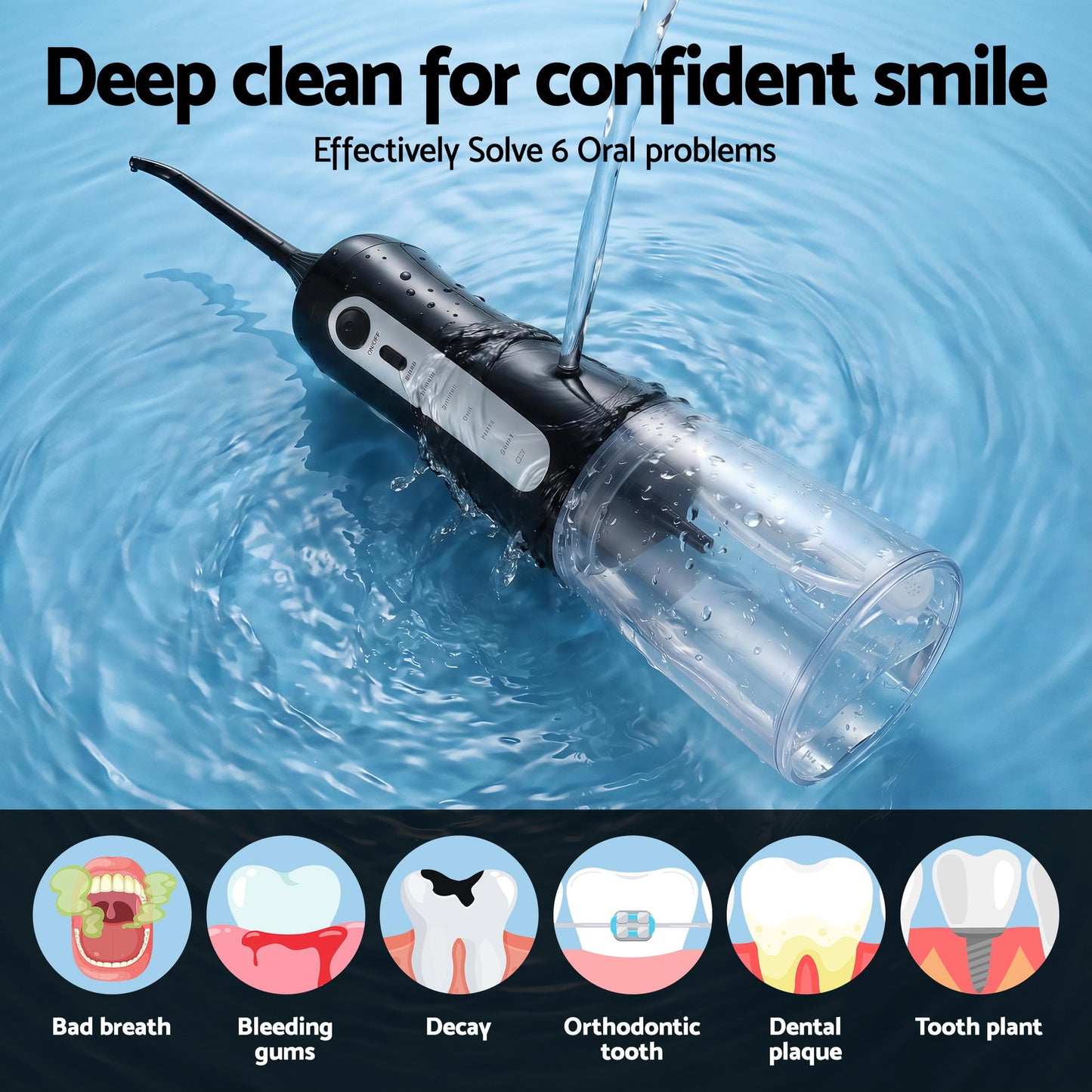 Devanti cordless water flosser in black, dental oral irrigator for effective oral hygiene, from Hlpmedical.