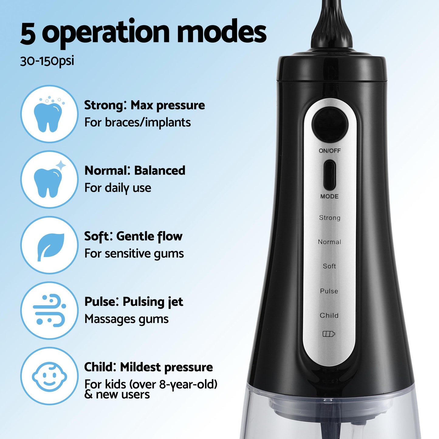 Devanti cordless water flosser dental oral irrigator in black, compact design for effective oral hygiene and gum care.