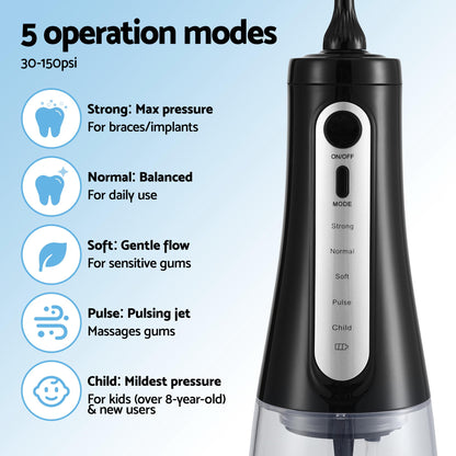 Devanti cordless water flosser dental oral irrigator in black, compact design for effective oral hygiene and gum care.