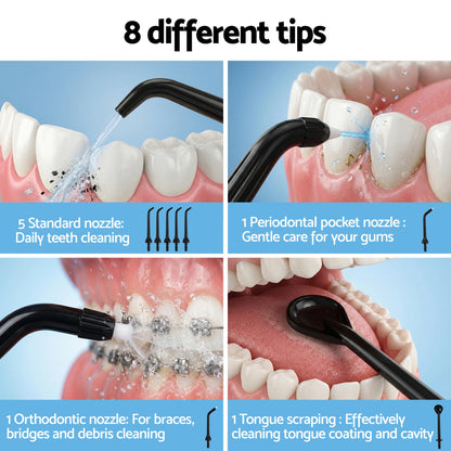 Devanti cordless water flosser dental oral irrigator in black for effective plaque removal and improved oral hygiene.