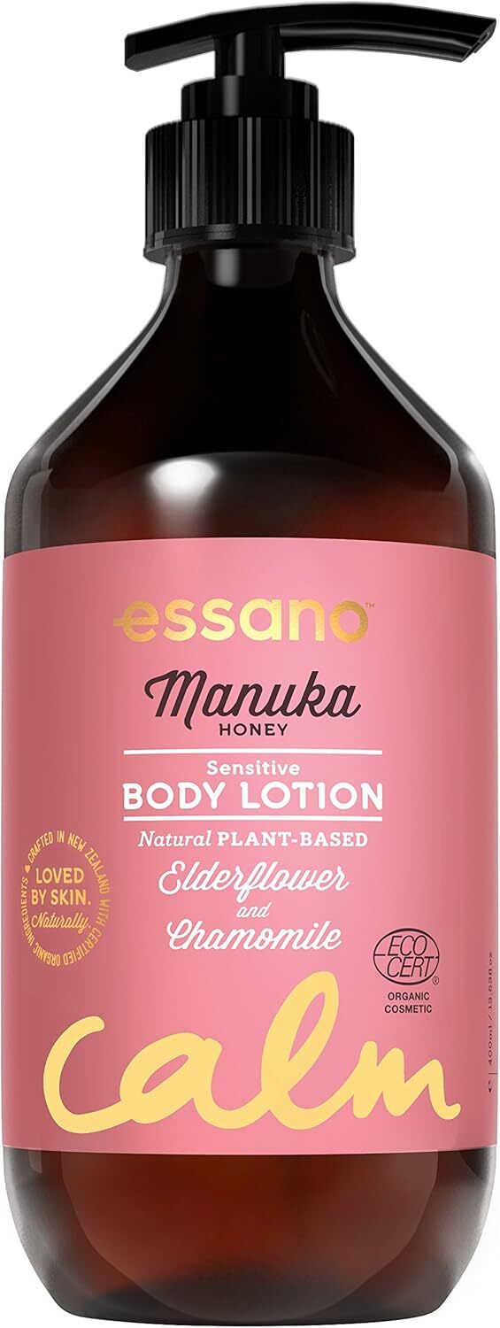 Essano 400ml Manuka Honey Sensitive Body Lotion moisturizer in a white pump bottle with a clear label, designed for gentle skin hydration.
