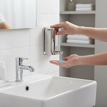 304 stainless steel commercial liquid soap and hand sanitizer dispenser wall-mounted in a bathroom or kitchen setting.