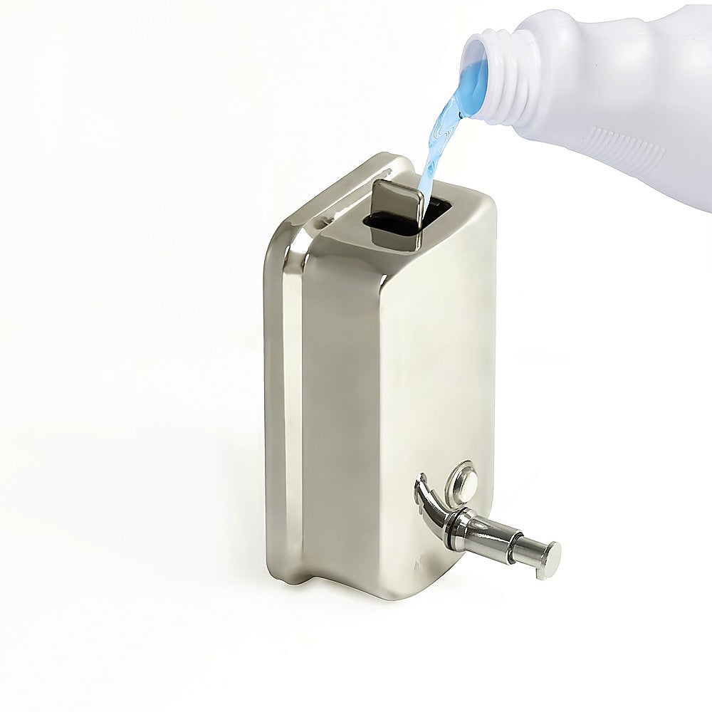304 stainless steel commercial liquid soap and hand sanitizer dispenser wall-mounted in bathroom or kitchen setting, 1000ml capacity.