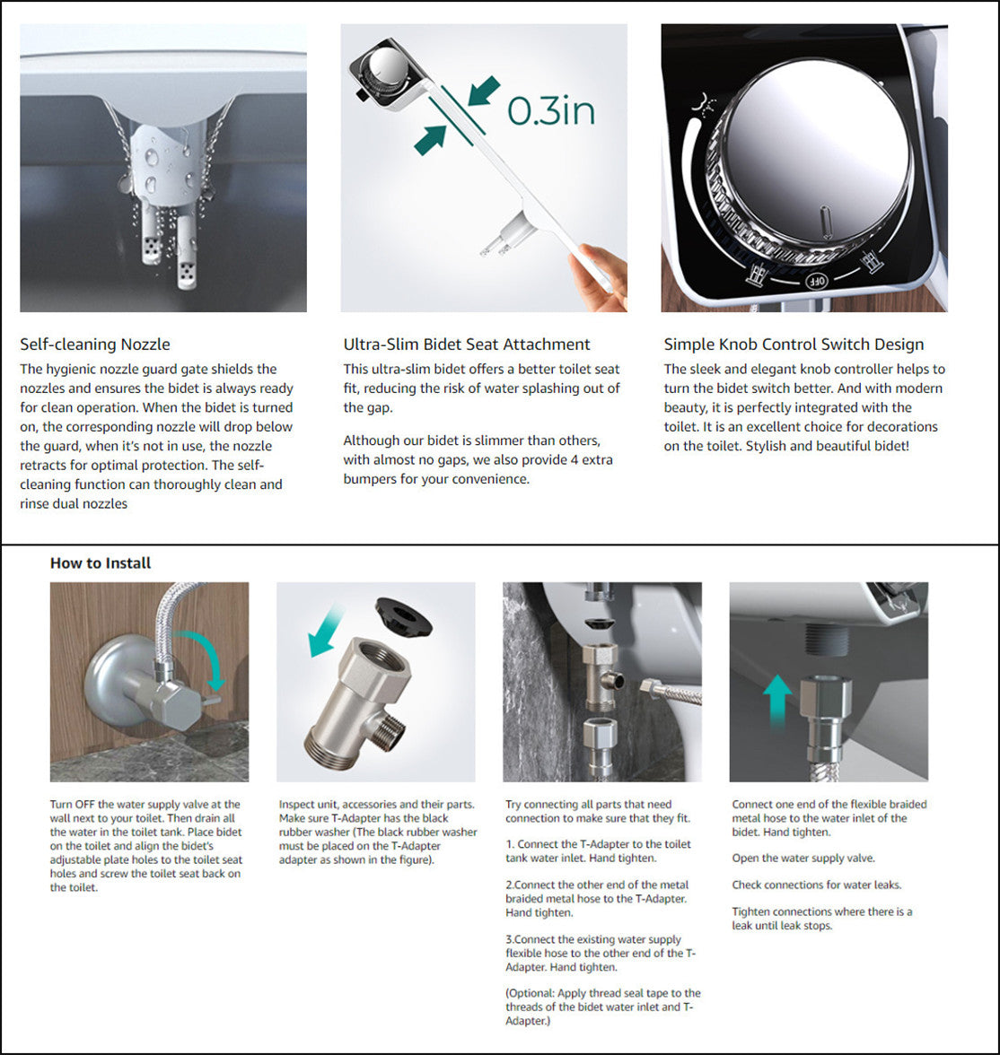Hlpmedical non-electric toilet bidet seat with dual nozzles, water sprayer, bathroom accessory for enhanced hygiene.