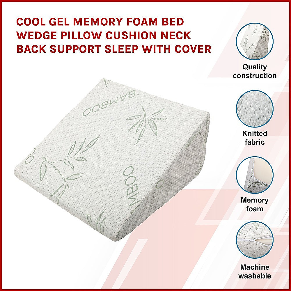 Hlpmedical cool gel memory foam bed wedge pillow with cover, providing neck and back support for comfortable sleep.