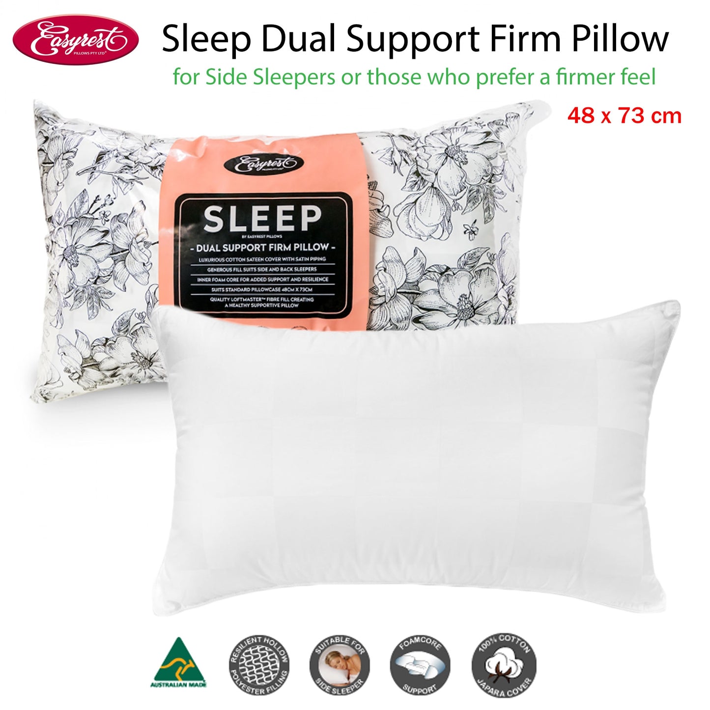Hlpmedical Easyrest Sleep Dual Support Firm Standard Pillow designed for side sleepers, with supportive, comfortable bedding pillow.