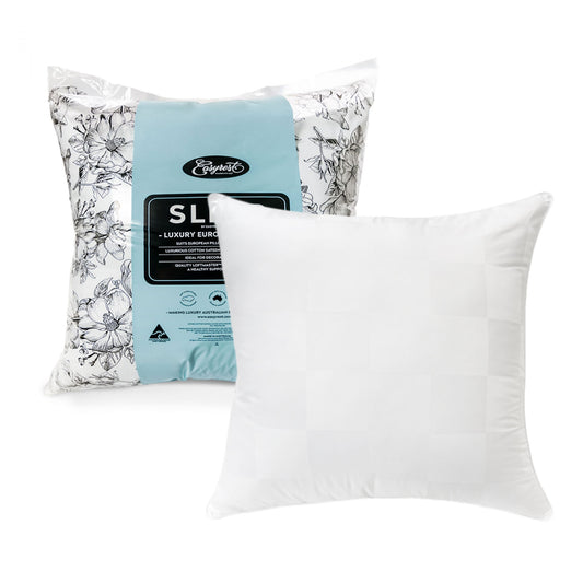 Luxury European firm pillow from Easyrest Sleep by Hlpmedical, shown on a bed with white bedding and plush pillows.