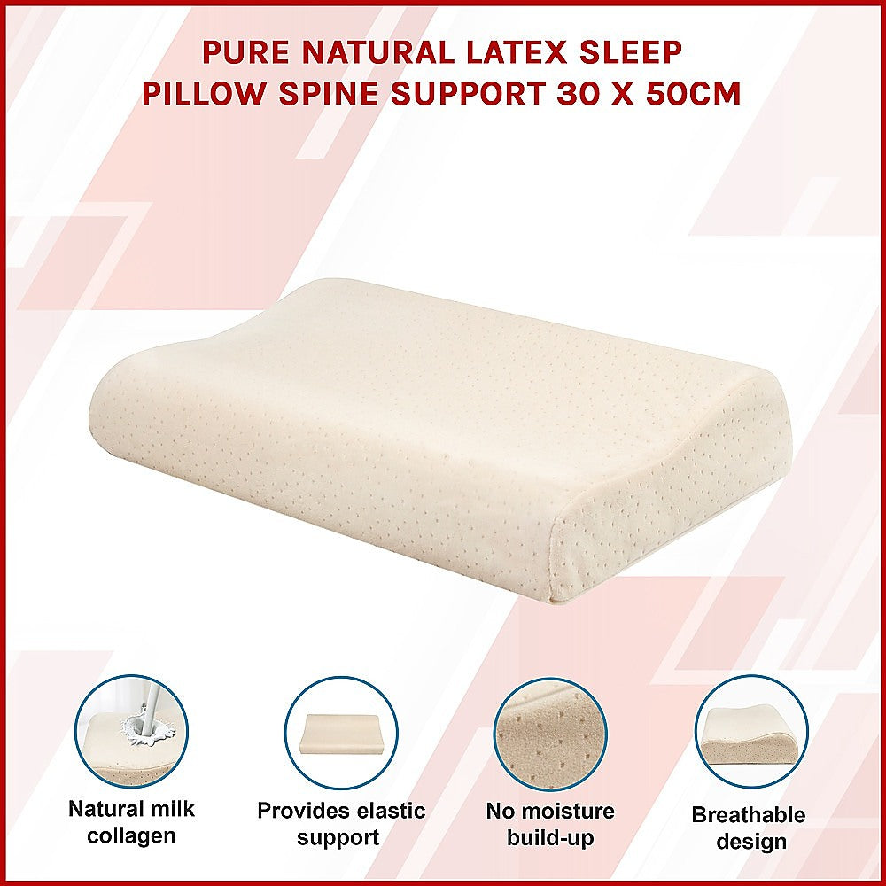 Pure natural latex sleep pillow with spine support, 30x50cm, designed for comfortable bedding and ergonomic neck support.