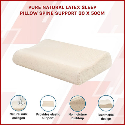 Pure natural latex sleep pillow with spine support, 30x50cm, designed for comfortable bedding and ergonomic neck support.