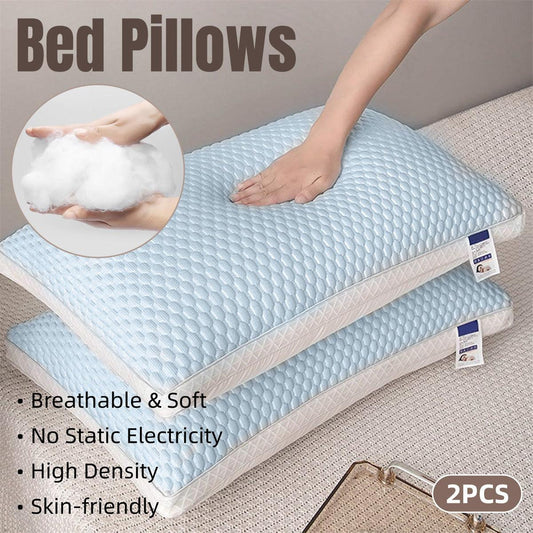 Pair of breathable light grey pillows from Hlpmedical, soft and supportive for summer comfort and home sleep relaxation.