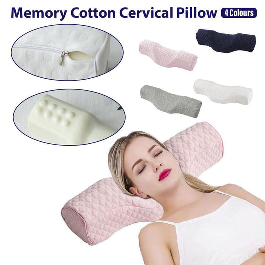 Pink orthopedic memory foam cervical neck pillow for sleep support, designed for comfort and slow rebound relaxation.