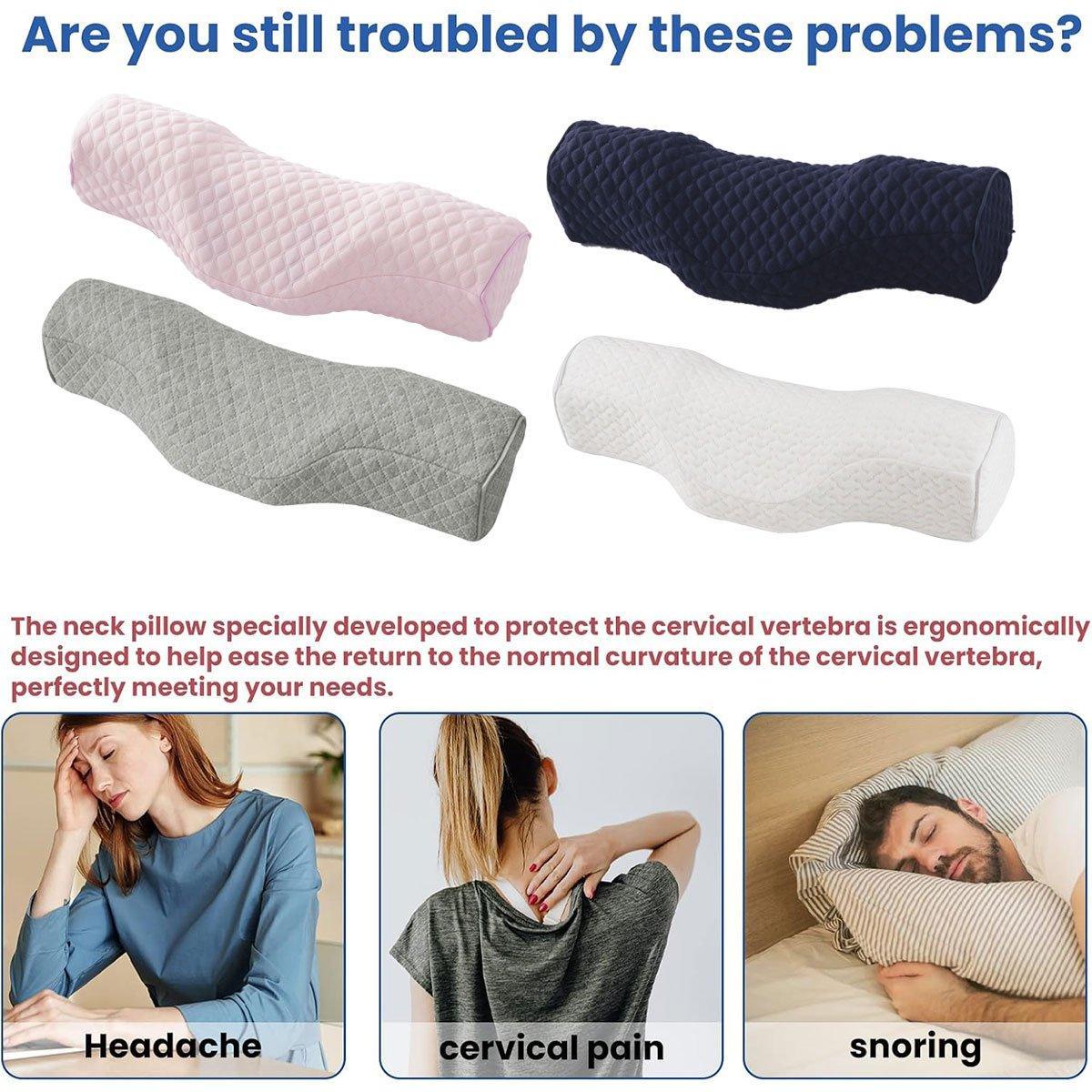 White orthopedic memory foam cervical neck pillow for sleep support, designed for comfort and slow rebound relaxation.