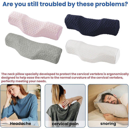 White orthopedic memory foam cervical neck pillow for sleep support, designed for comfort and slow rebound relaxation.