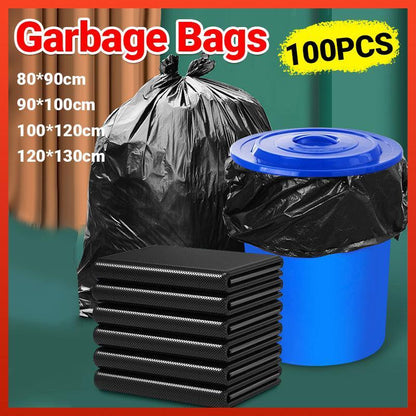 A pack of 100 heavy-duty black bin bags from Hlpmedical, 90x100cm durable waste refuse sacks for kitchen pedal bins.