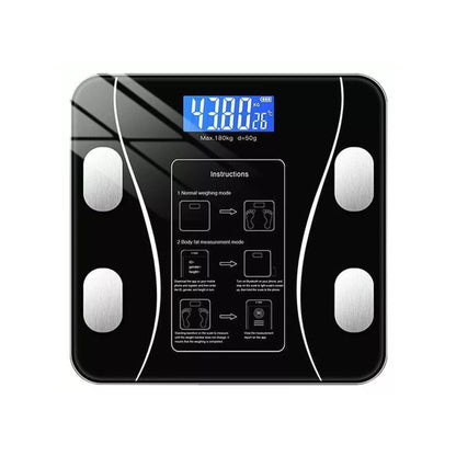 Black Bluetooth smart body fat scale by Hlpmedical showing a digital display with BMI, weight, and body composition readings.