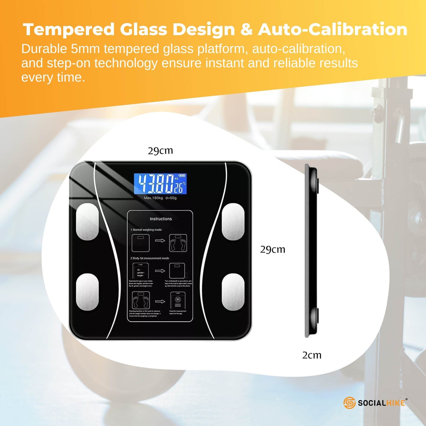 Black Hlpmedical Bluetooth smart body fat scale showing digital BMI, weight, and body composition on a bathroom floor with a smartphone nearby.