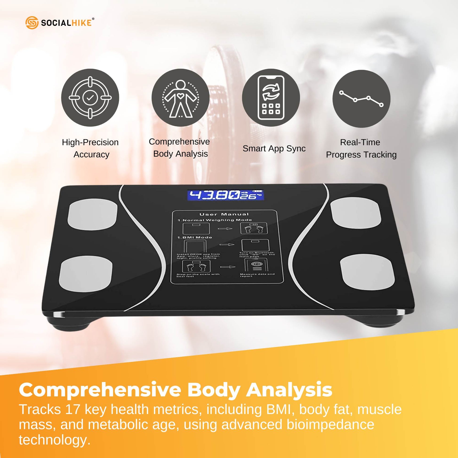Black Bluetooth smart body fat scale by Hlpmedical showing digital BMI and weight readings on a bathroom floor.