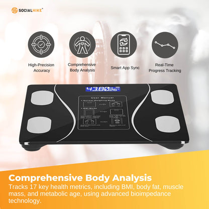 Black Bluetooth smart body fat scale by Hlpmedical showing digital BMI and weight readings on a bathroom floor.