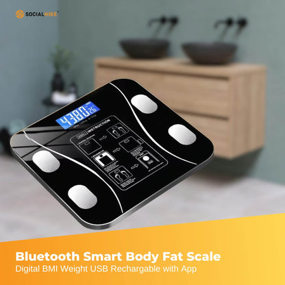 Black Bluetooth smart body fat scale by Hlpmedical showing digital display with BMI, weight, and USB charging port.